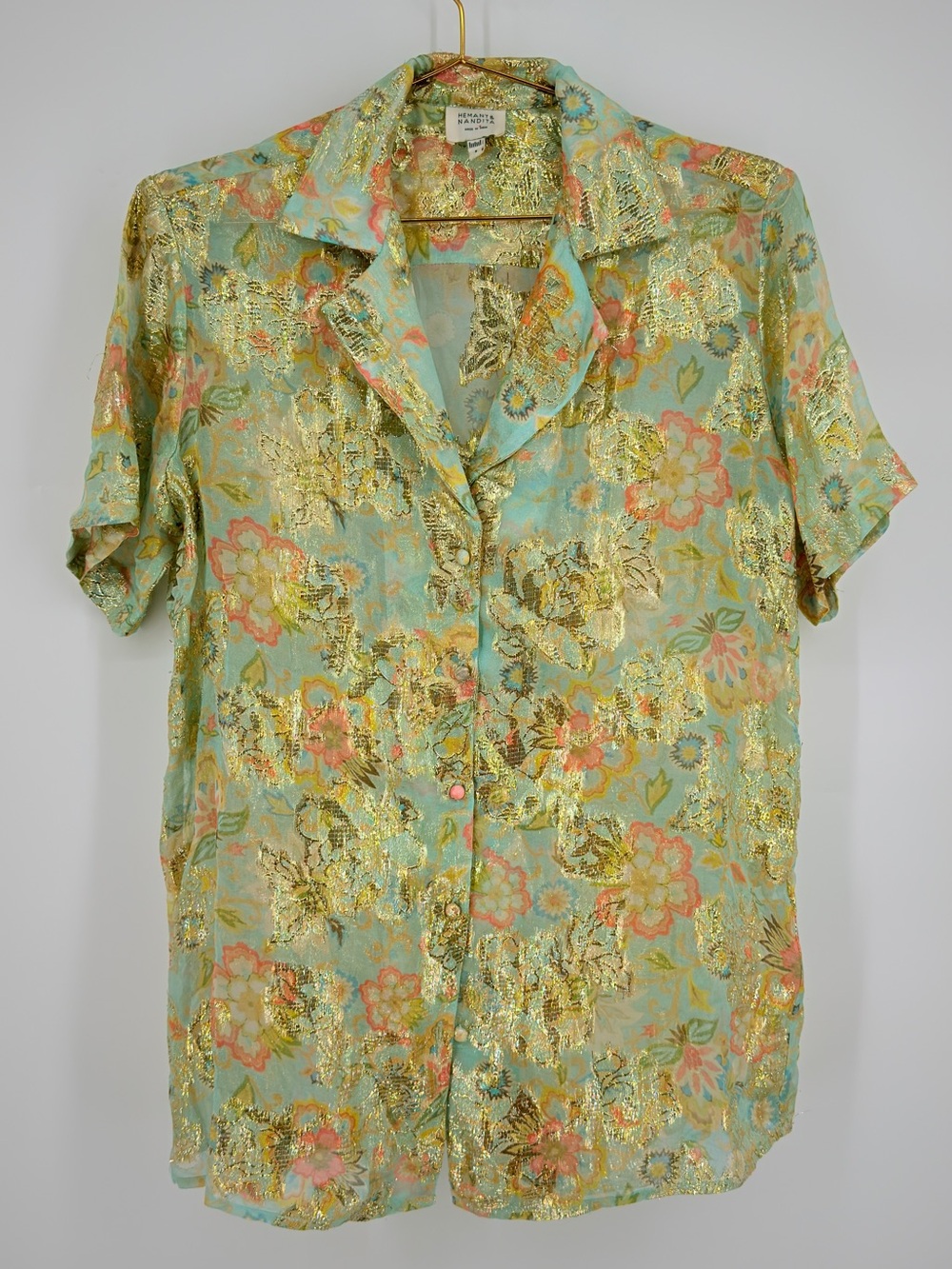 Hemant & Nandita Floral Metallic Gold Button Down Shirt Size S - Picture 2 of 5